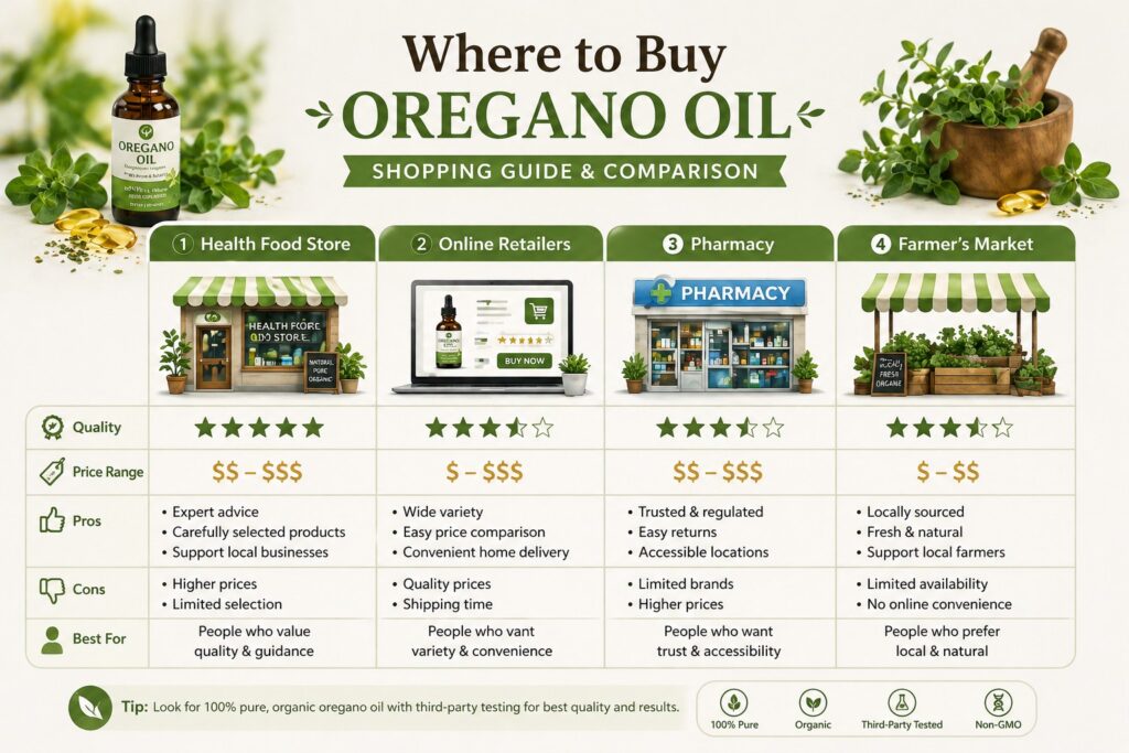 Infographic comparing where to buy oregano oil including health food store, online retailers, pharmacy, and farmers market with pros, cons, quality, and price