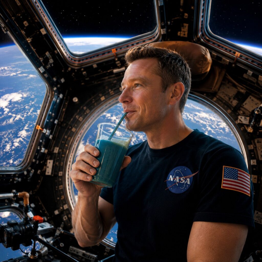 Astronaut drinking a blue spirulina smoothie inside the ISS Cupola module with Earth’s horizon visible through the windows.