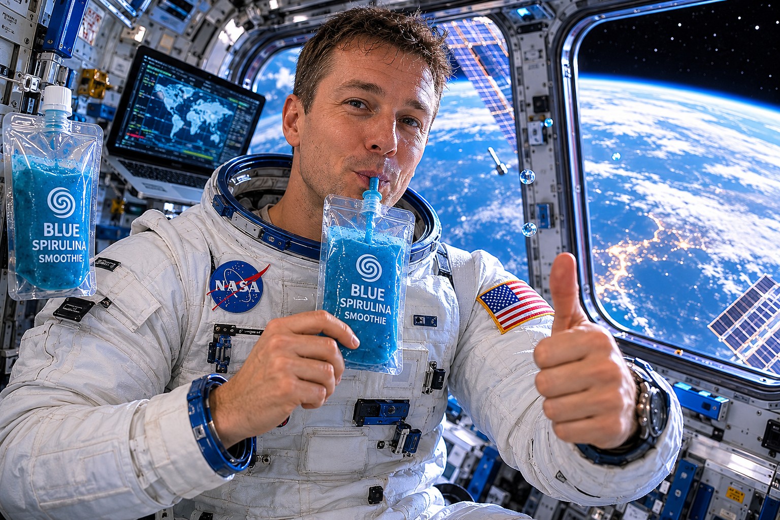 Astronaut drinking a blue spirulina smoothie inside the International Space Station with Earth visible through the window.