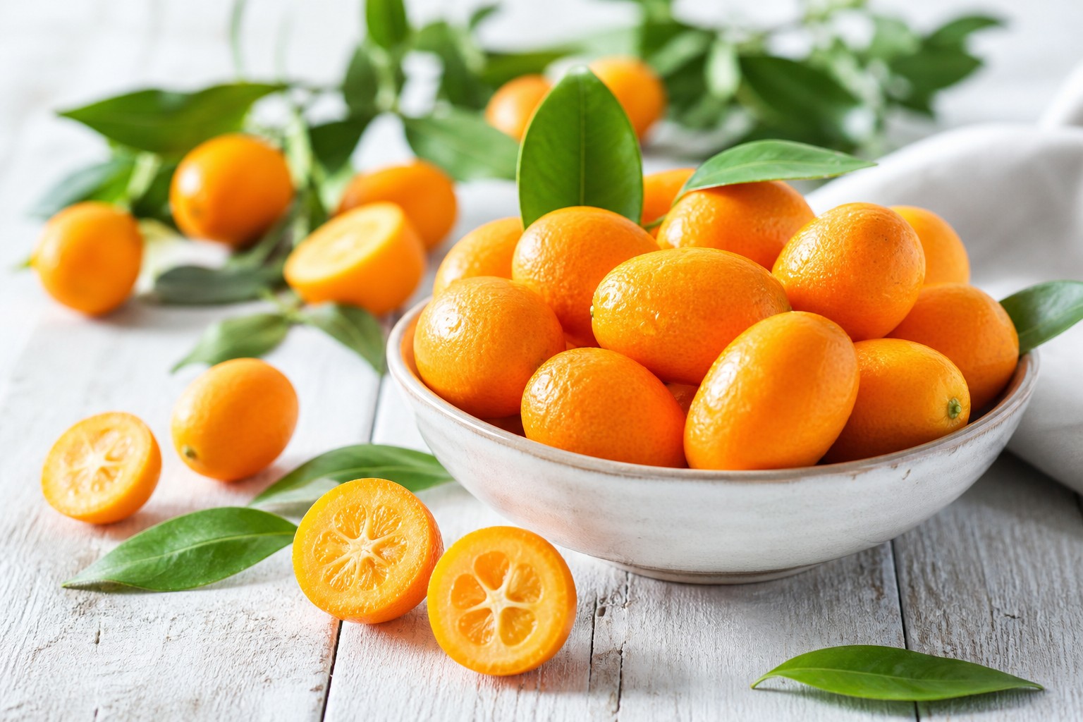 Fresh kumquats with water droplets, some sliced open, on a rustic white wooden table with green leaves in natural light