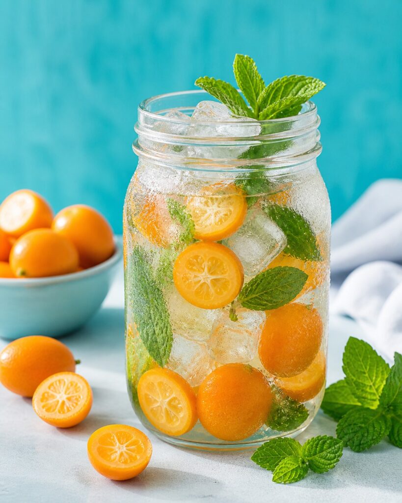 Glass mason jar with kumquat infused water, ice cubes, and fresh mint leaves with condensation on a turquoise background