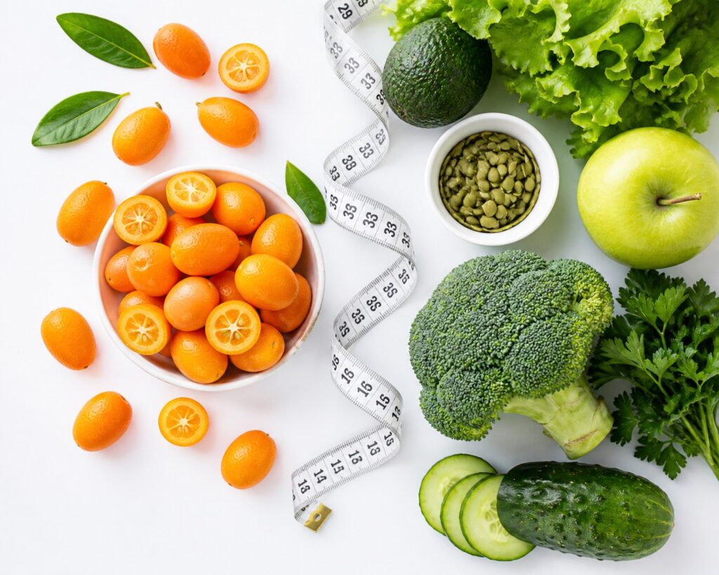 Flat lay of fresh kumquats with measuring tape and green vegetables on a clean white background, symbolizing healthy eating and wellness