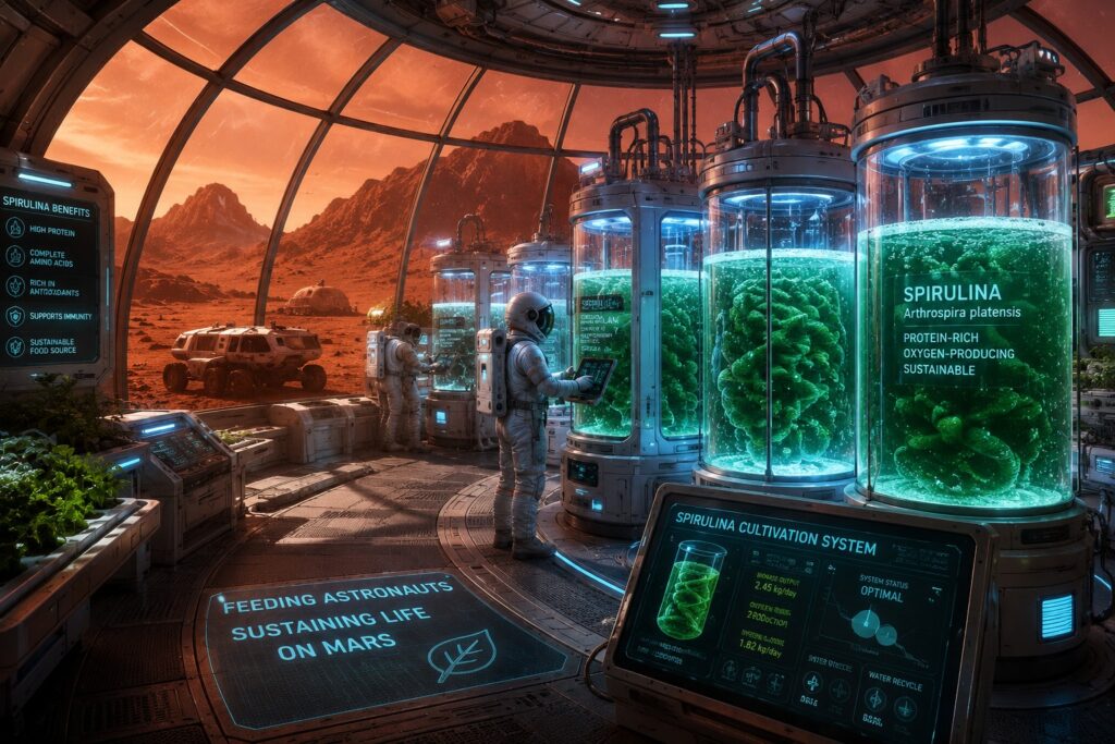 Futuristic Mars habitat dome featuring glowing spirulina cultivation tanks and astronauts managing algae bioreactors.