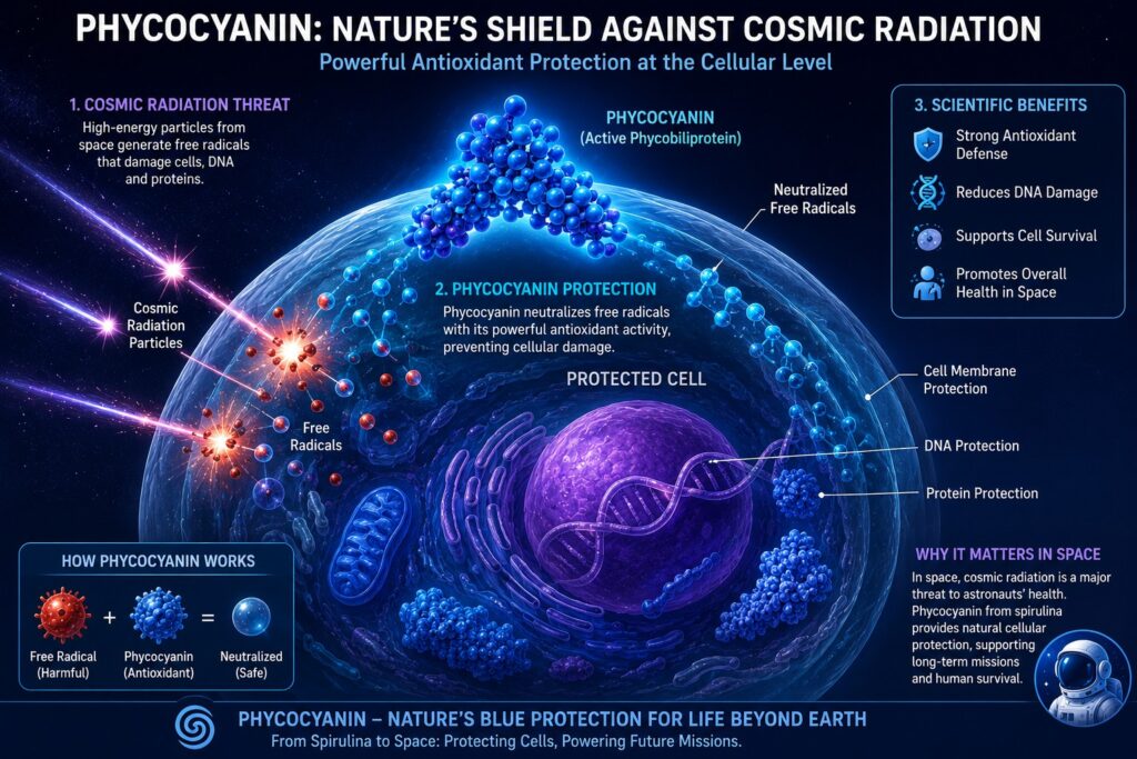 Scientific illustration showing phycocyanin antioxidants protecting human cells from cosmic radiation particles at the molecular level.