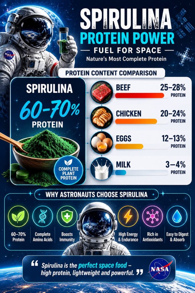 Educational infographic comparing spirulina protein content with beef, chicken, eggs, and milk using a futuristic space-themed design.