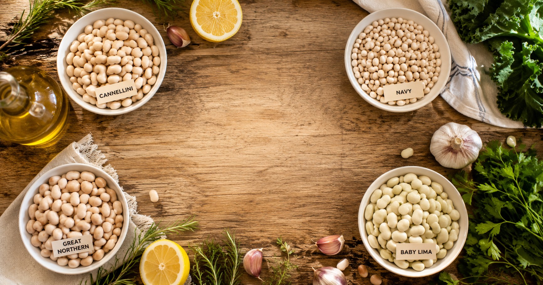 Overhead flat lay of cannellini, navy, Great Northern, and baby lima beans in white ceramic bowls with garlic, lemon, rosemary, olive oil, and leafy greens on a rustic wooden table.