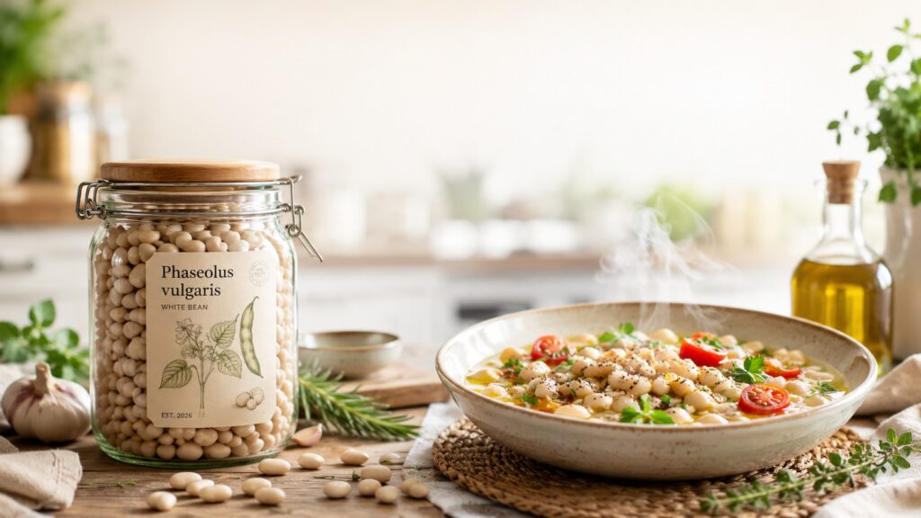 What Are White Beans? dried white beans in a labeled glass jar beside a steaming bowl of white bean soup with cherry tomatoes, herbs, and olive oil in a bright modern kitchen.