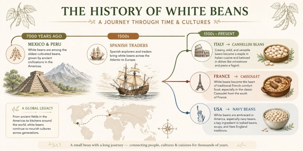 Horizontal timeline infographic showing the history of white beans from ancient Mexico and Peru to Europe and the United States with trade routes and cultural dishes.