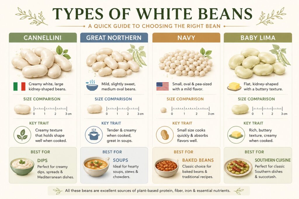 Horizontal infographic comparing Cannellini, Great Northern, Navy, and Baby Lima beans with size visuals, key traits, and best cooking uses.