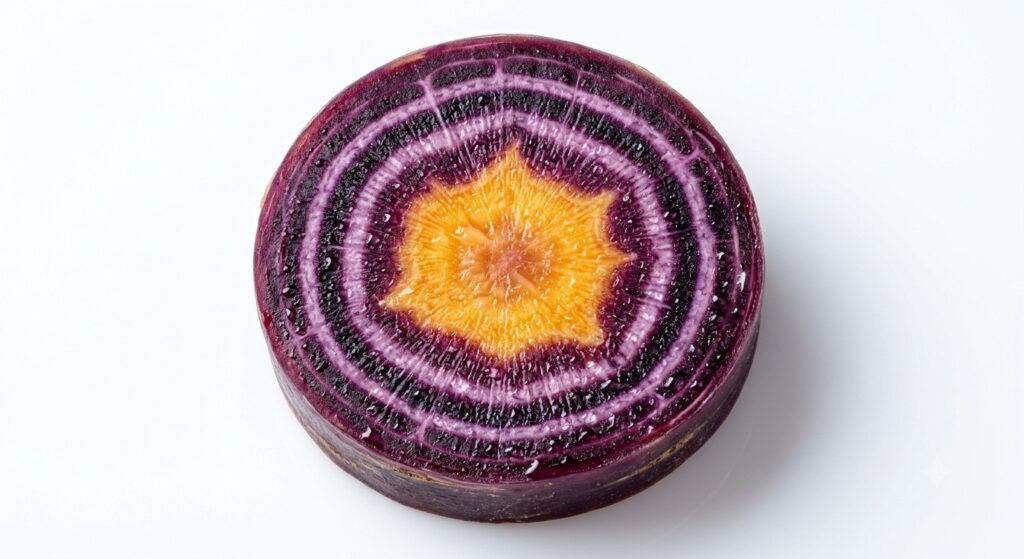 Close-up cross-section of a purple carrot displaying deep purple anthocyanin pigment rings around a golden-orange center.