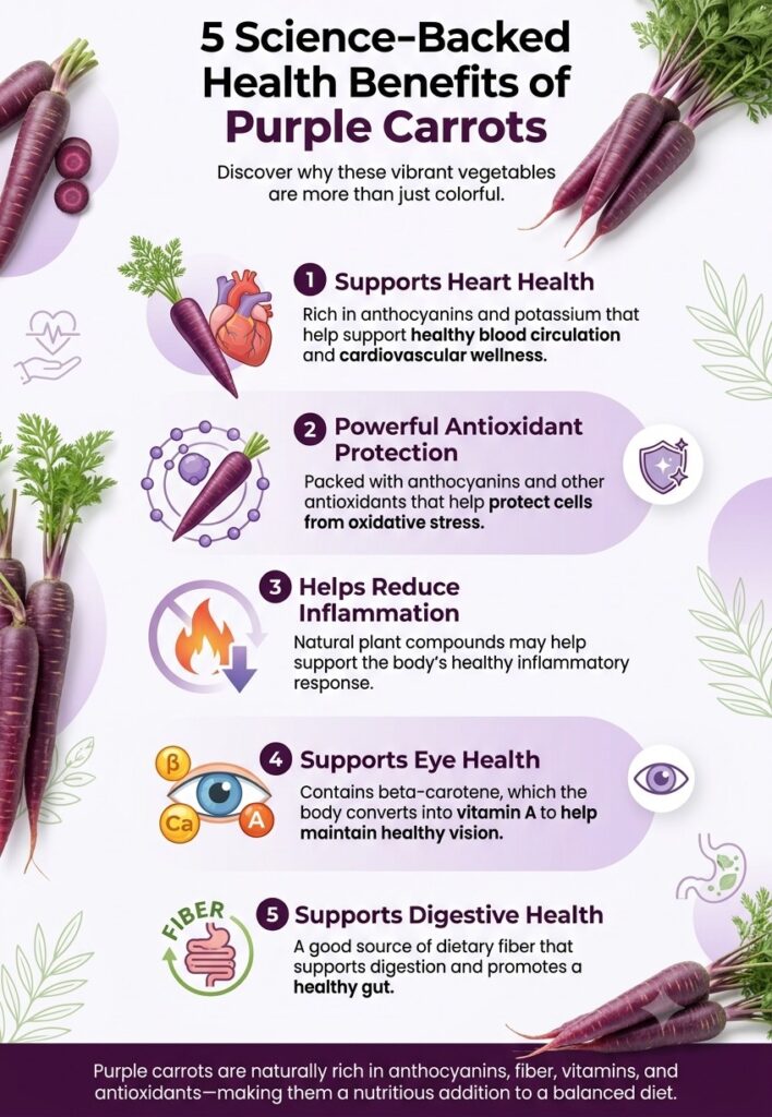 5 science-backed health benefits of purple carrots infographic showing antioxidant protection, heart health, anti-inflammatory effects, eye health, and digestive health.