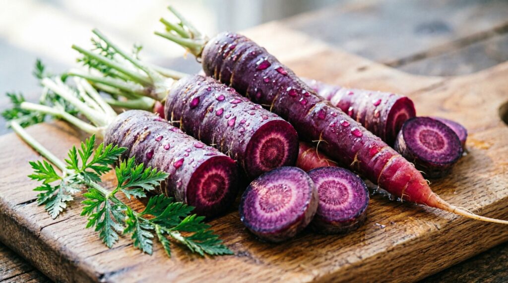 Fresh heirloom purple carrots bursting with anthocyanin-rich nutrition