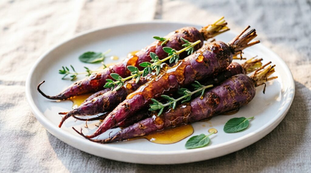 Roasted purple carrots glazed with honey and topped with fresh thyme, served on a white plate as a healthy side dish.