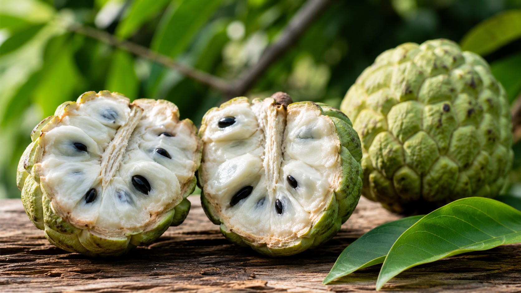Ripe Annona squamosa (sugar apple) cut in half showing creamy white flesh and black seeds on a rustic wooden table.