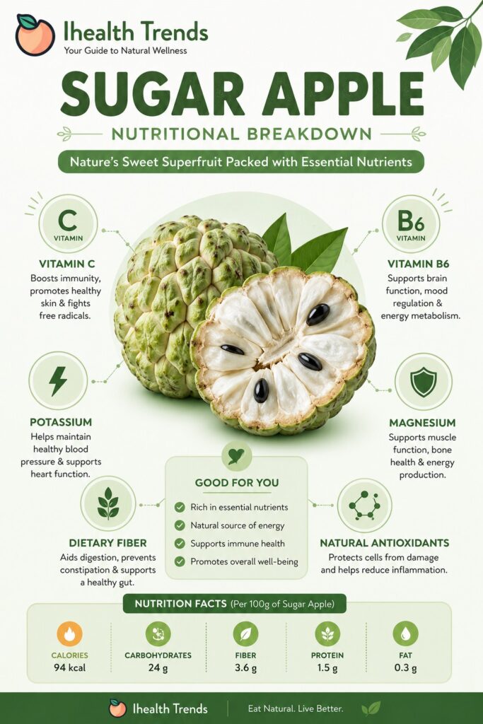 Nutritional infographic showing the health benefits of sugar apple (Annona squamosa), including vitamin C, vitamin B6, potassium, magnesium, dietary fiber, antioxidants, and nutrition facts by IHealth Trends.