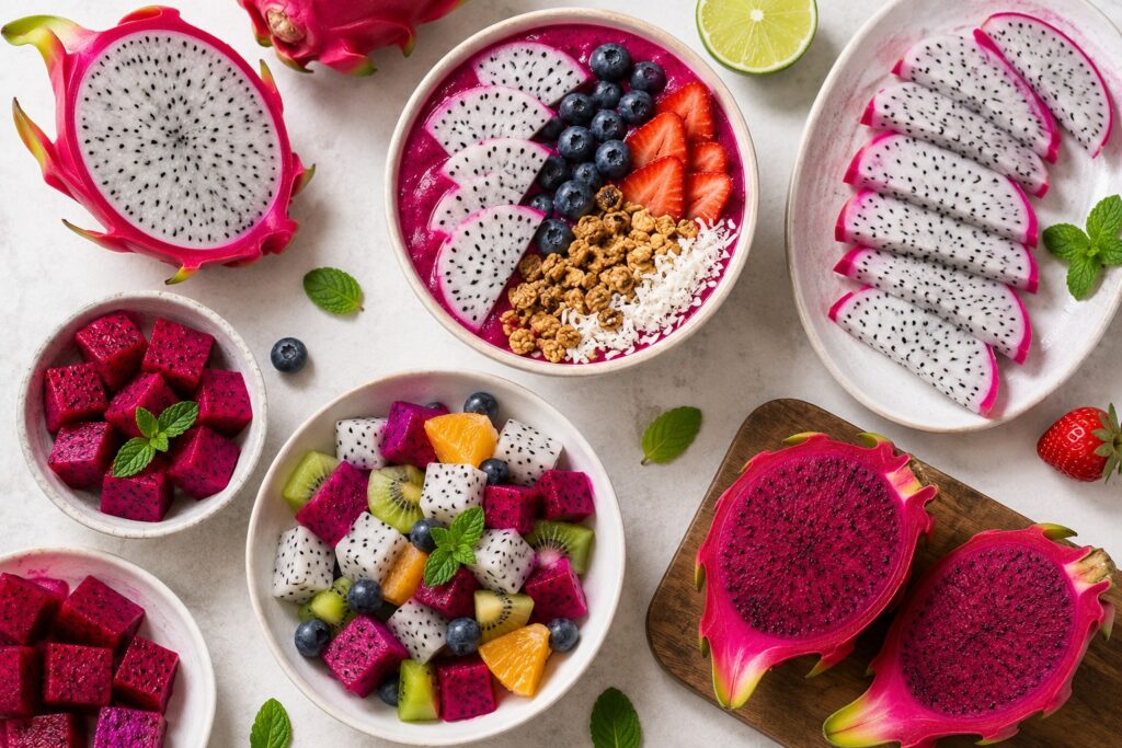 Overhead flat lay of dragon fruit prepared as fresh slices, a smoothie bowl with granola and berries, and a mixed fruit salad with colorful tropical fruits in natural lighting.