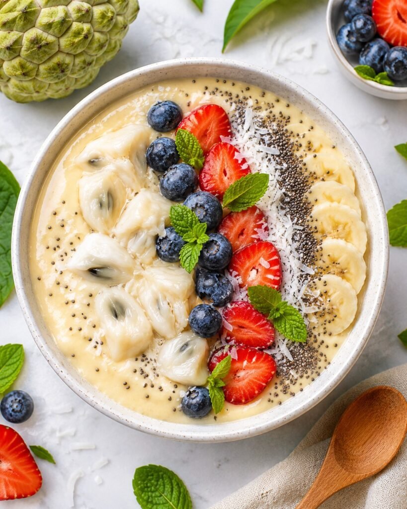 Overhead view of a creamy sugar apple smoothie bowl topped with fresh berries, banana slices, chia seeds, coconut flakes, and mint leaves.