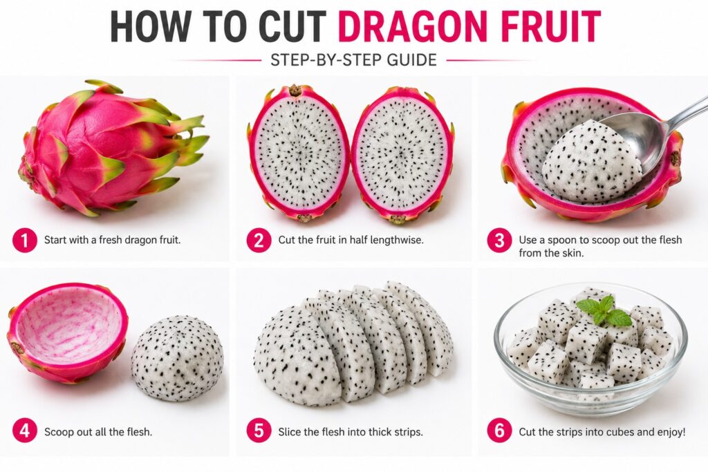 Step-by-step infographic showing how to cut a dragon fruit by slicing it in half, scooping out the flesh with a spoon, slicing it into strips, and cutting it into cubes on a white background.