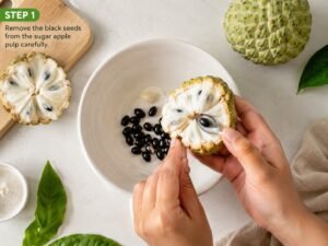 Hands removing black seeds from ripe sugar apple (Annona squamosa) pulp over a white bowl during recipe preparation.