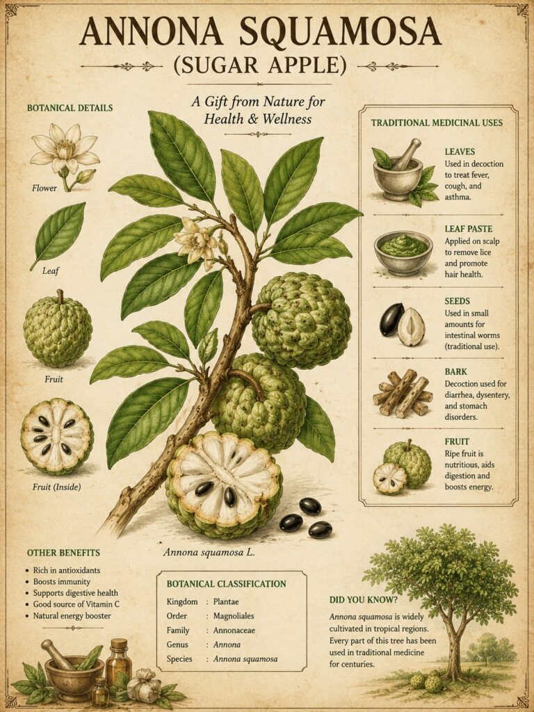 Vintage botanical illustration of Annona squamosa (sugar apple) showing the tree, fruit, leaves, flowers, and traditional medicinal uses on an aged parchment background.