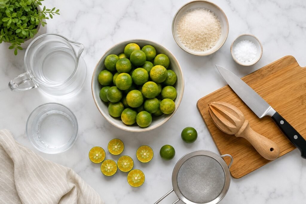 Overhead flat-lay of fresh calamansi fruits with sugar, salt, water, a wooden cutting board, knife, citrus squeezer, mesh strainer, and glass pitcher arranged on a white marble countertop.