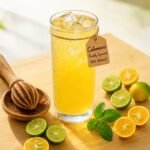 A tall glass of classic Filipino calamansi juice with ice, fresh halved calamansi fruits, and a wooden squeezer on a bamboo counter.