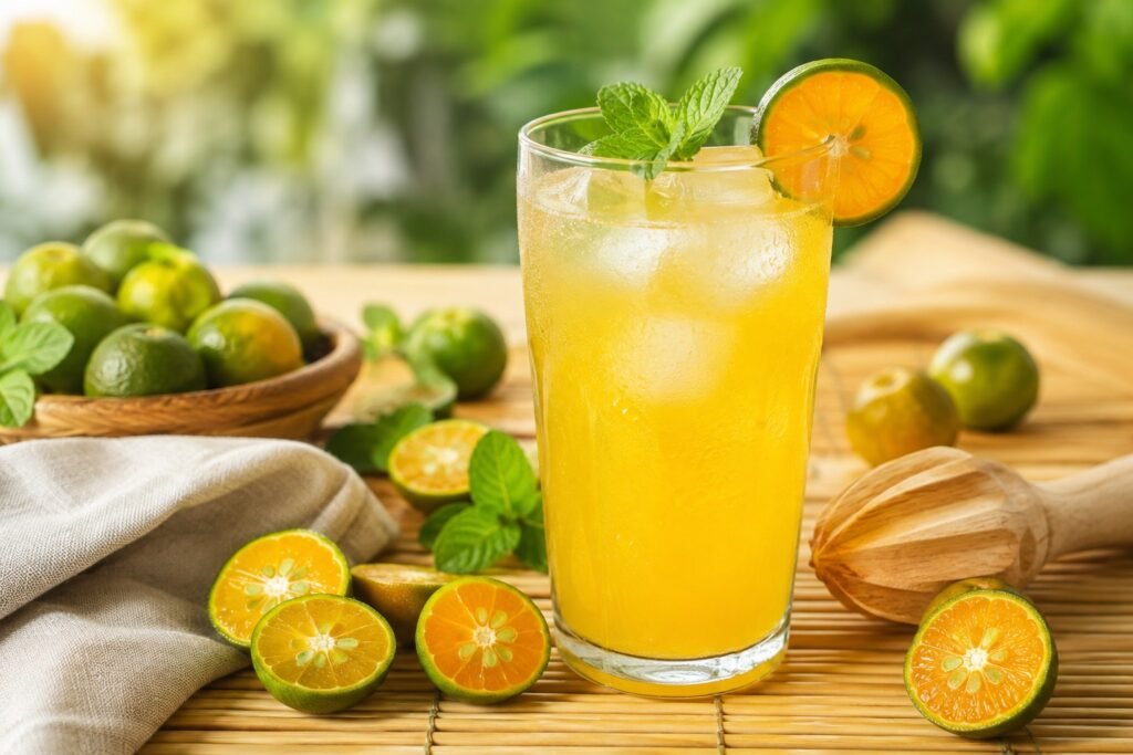 A tall glass of fresh calamansi juice with ice cubes, garnished with a calamansi slice and mint leaves, surrounded by halved calamansi fruits and a wooden citrus squeezer on a bamboo table in warm morning sunlight.