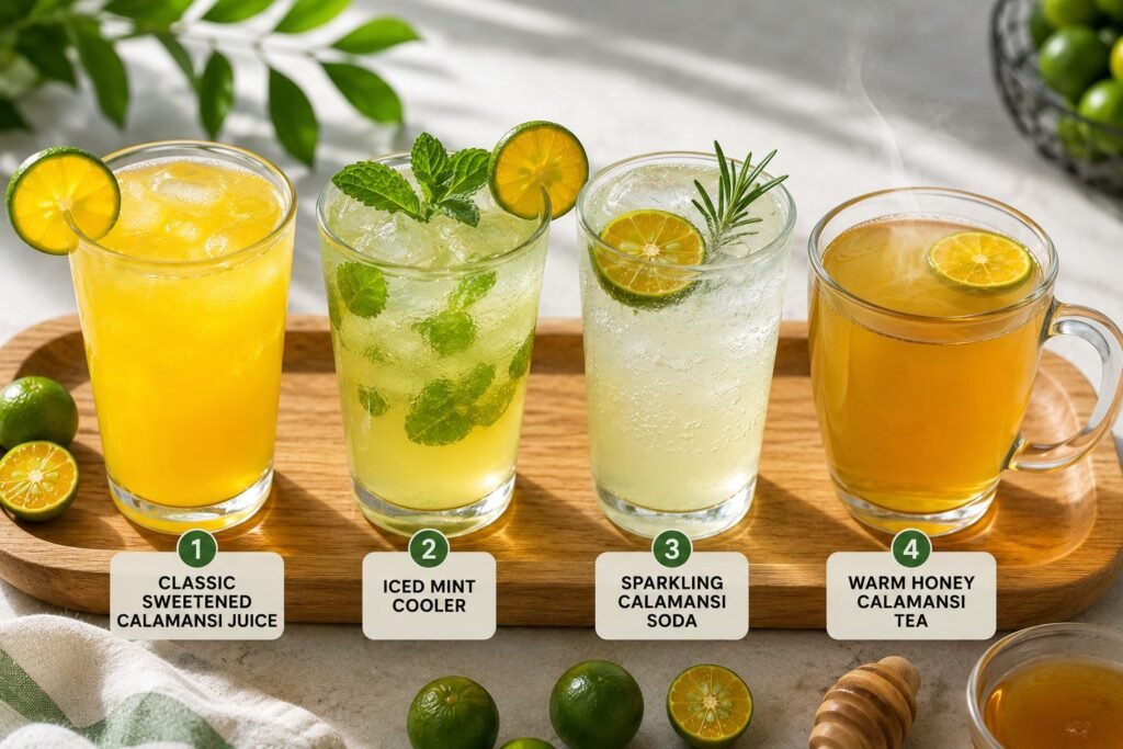 Four delicious ways to enjoy calamansi—from refreshing iced drinks to a soothing warm tea.