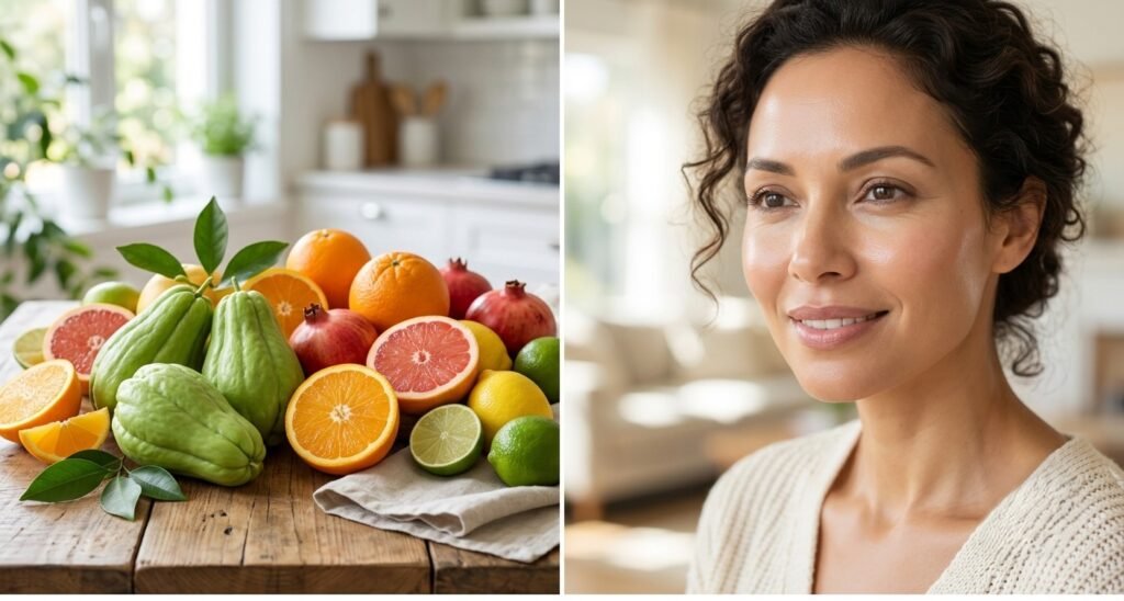 A split-screen image: on the left, fresh chayote squash and colorful citrus fruits on a rustic table; on the right, a smiling woman in her 40s with radiant, glowing skin.