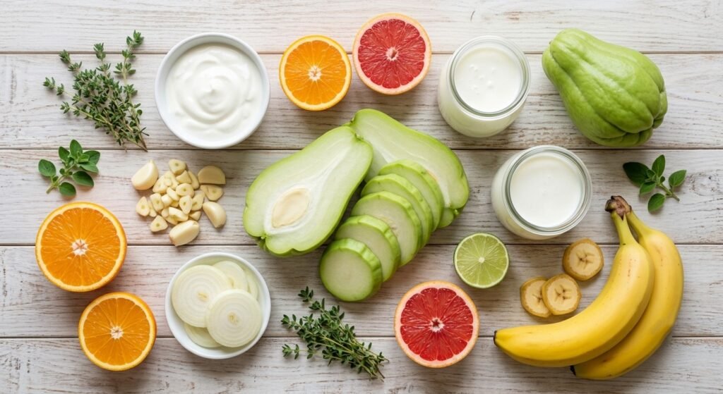 Sliced chayote squash surrounded by yogurt, kefir, bananas, garlic, and fresh herbs on a light wooden table