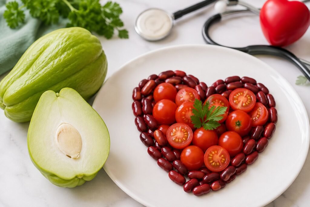 Chayote squash with kidney beans and tomatoes arranged in a heart shape