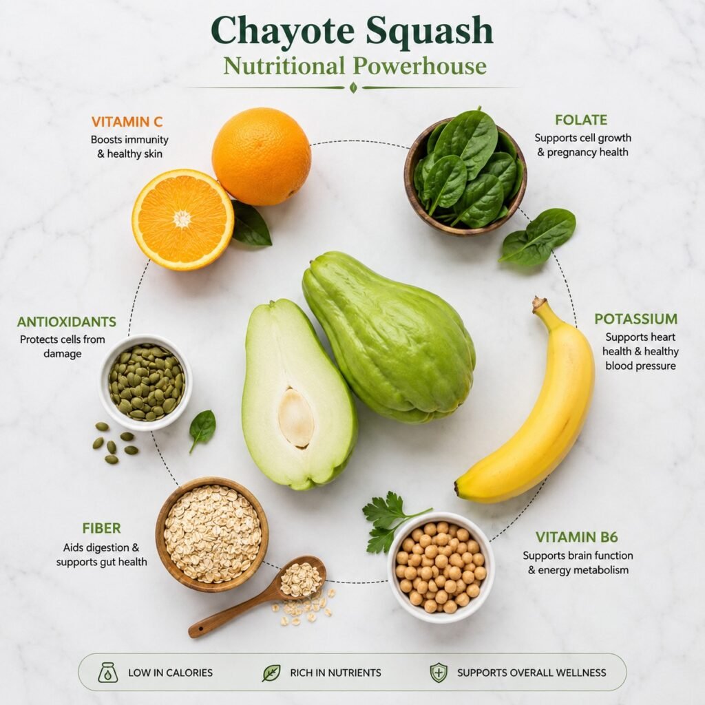 Chayote squash surrounded by nutrient-rich foods representing vitamins, minerals, fiber, and antioxidants