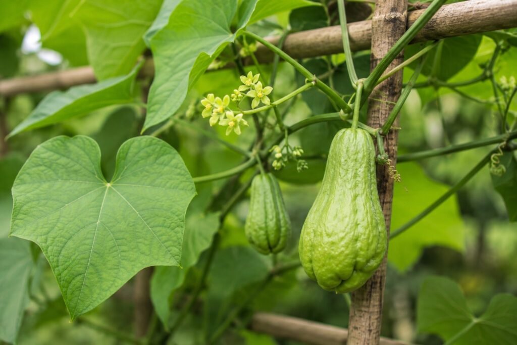 Chayote vine with green leaves, small flowers, and young chayote fruits growing on a wooden trellis