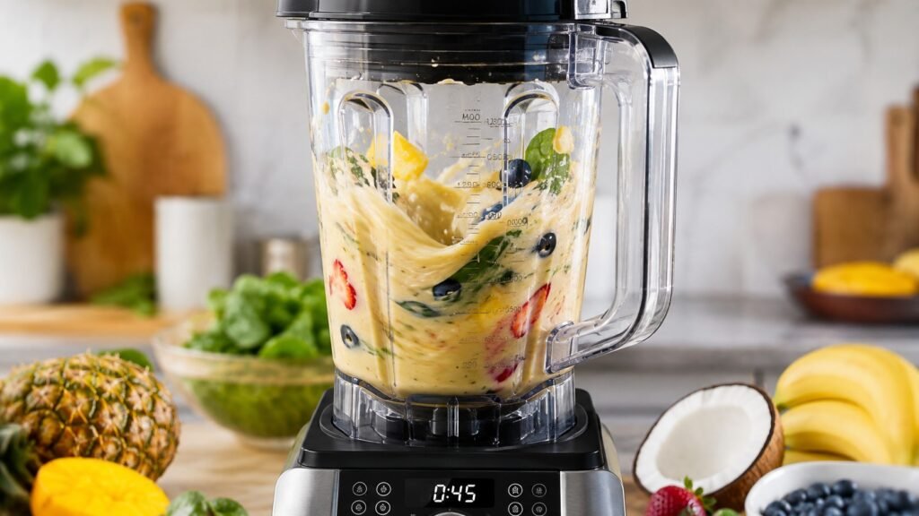 high-speed blender blending creamy tropical fruit smoothie with fresh ingredients