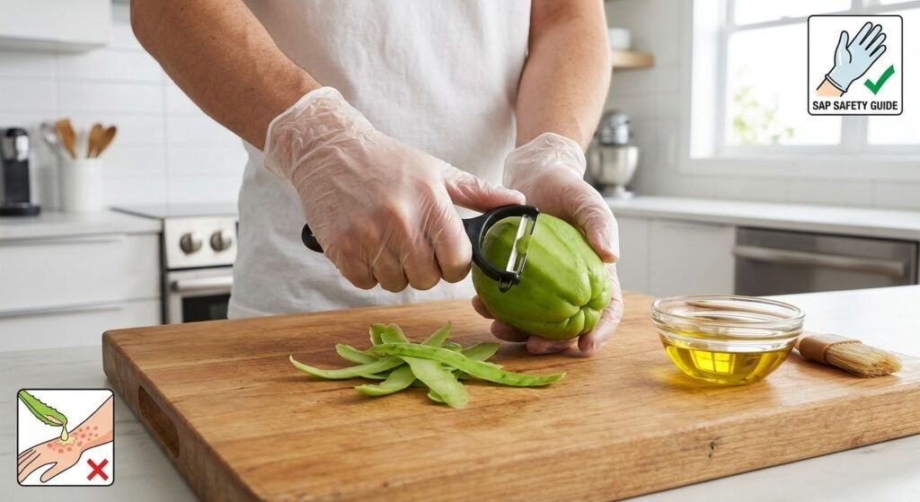 Person wearing clear disposable gloves using a vegetable peeler on a whole chayote squash over a wooden cutting board next to a small bowl of oil