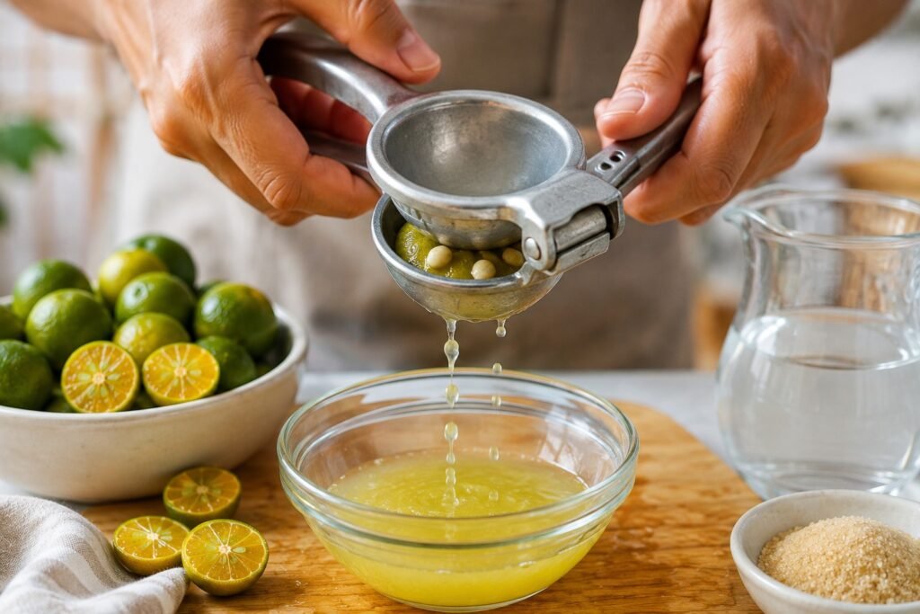 Close-up of hands squeezing a halved calamansi fruit with a metal citrus squeezer, fresh juice dripping into a glass bowl while seeds remain trapped in the press on a wooden kitchen countertop.