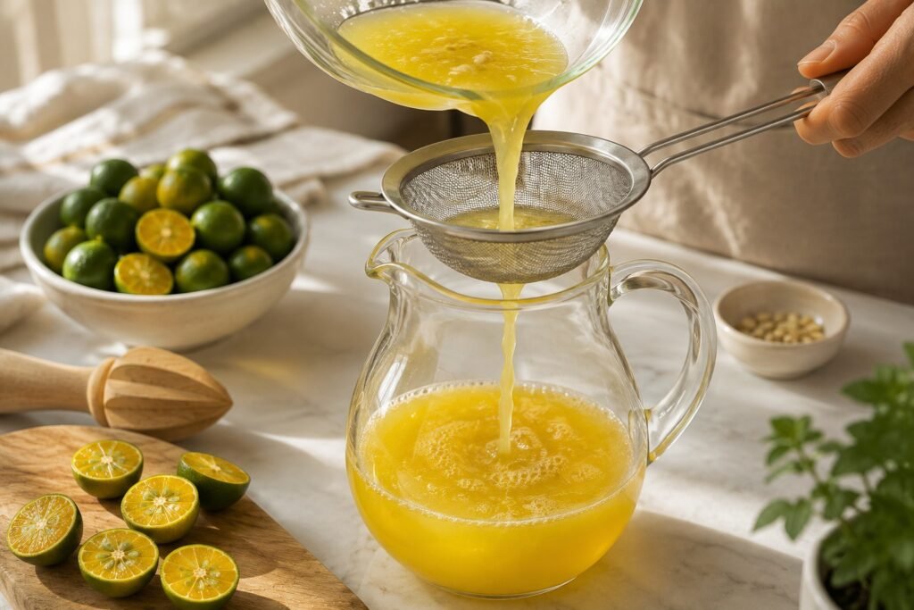 Golden calamansi juice being poured through a fine mesh strainer into a clear glass pitcher on a minimalist kitchen countertop, with tiny bubbles forming on the juice surface in soft morning light.