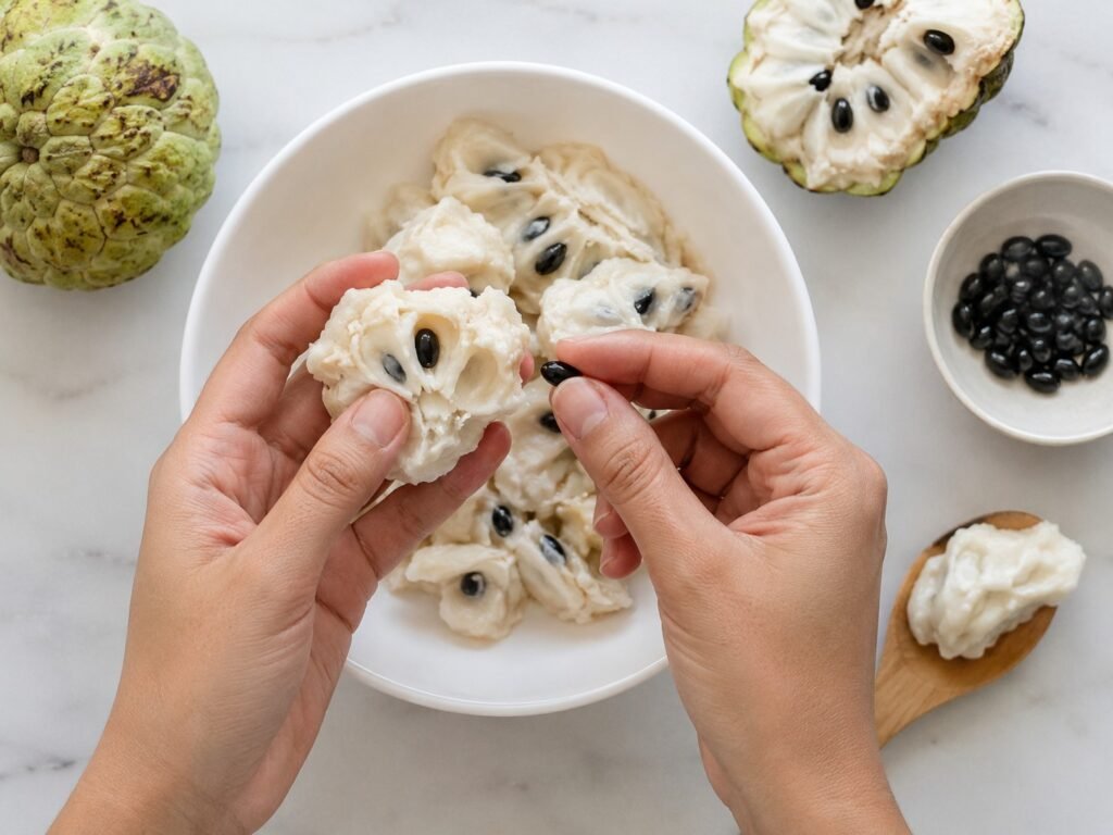 hands removing black seeds from creamy white sugar apple flesh