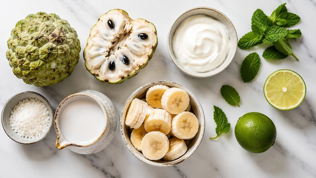 sugar apple smoothie bowl ingredients with banana Greek yogurt coconut milk lime and mint