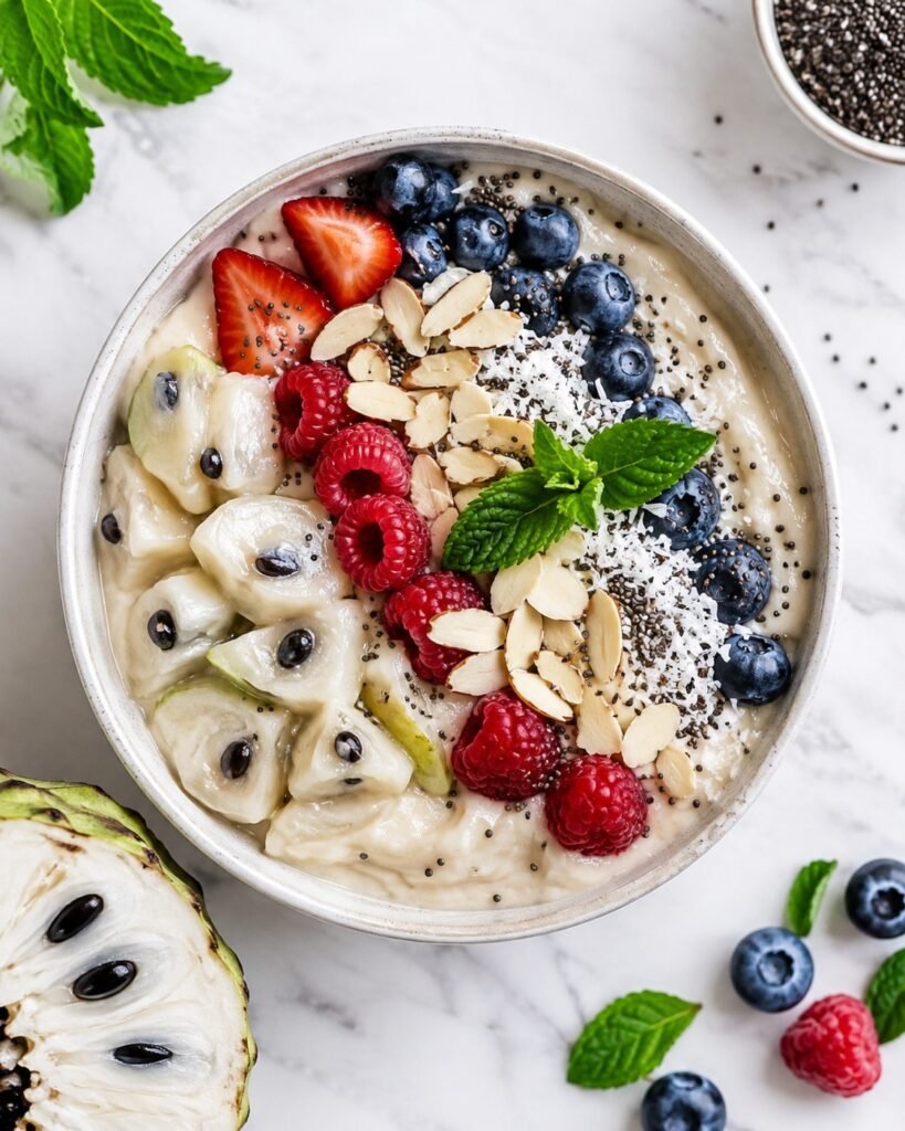 sugar apple smoothie bowl topped with berries, chia seeds, coconut and almonds