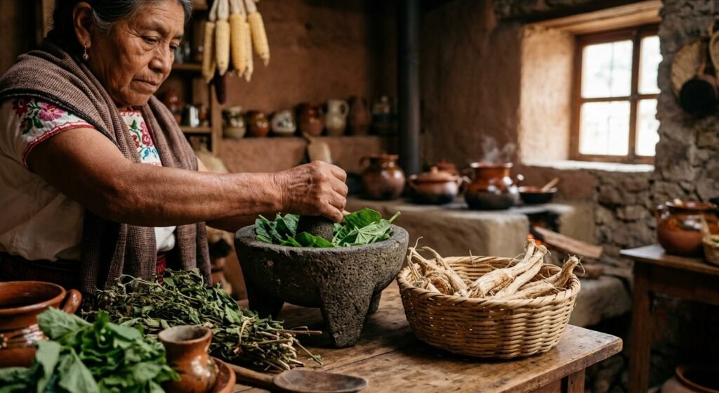 A close-up, warm-toned photograph of an elder indigenous Mexican woman using a stone molcajete to grind fresh green leaves. Next to her on a wooden table is a woven basket of dried chayote roots. The background is a traditional, rustic kitchen with adobe walls and a stove
