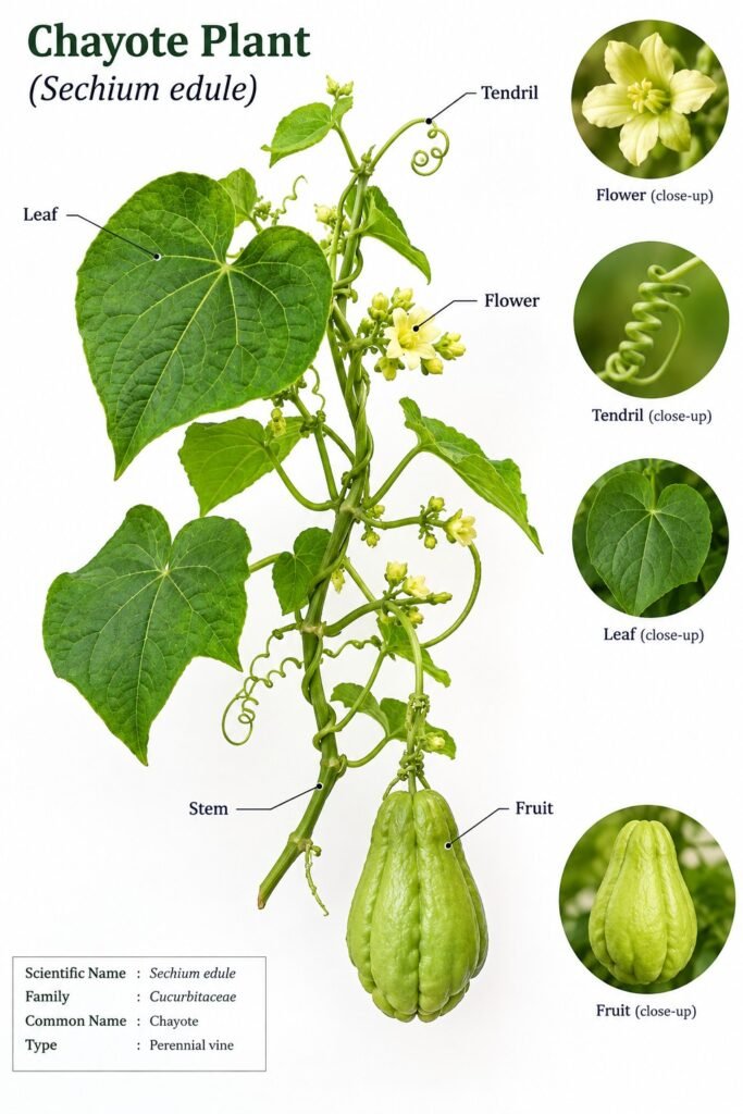 Complete chayote plant (Sechium Edule) structure showing leaves, flowers, vine, tendrils, stem, and fruit