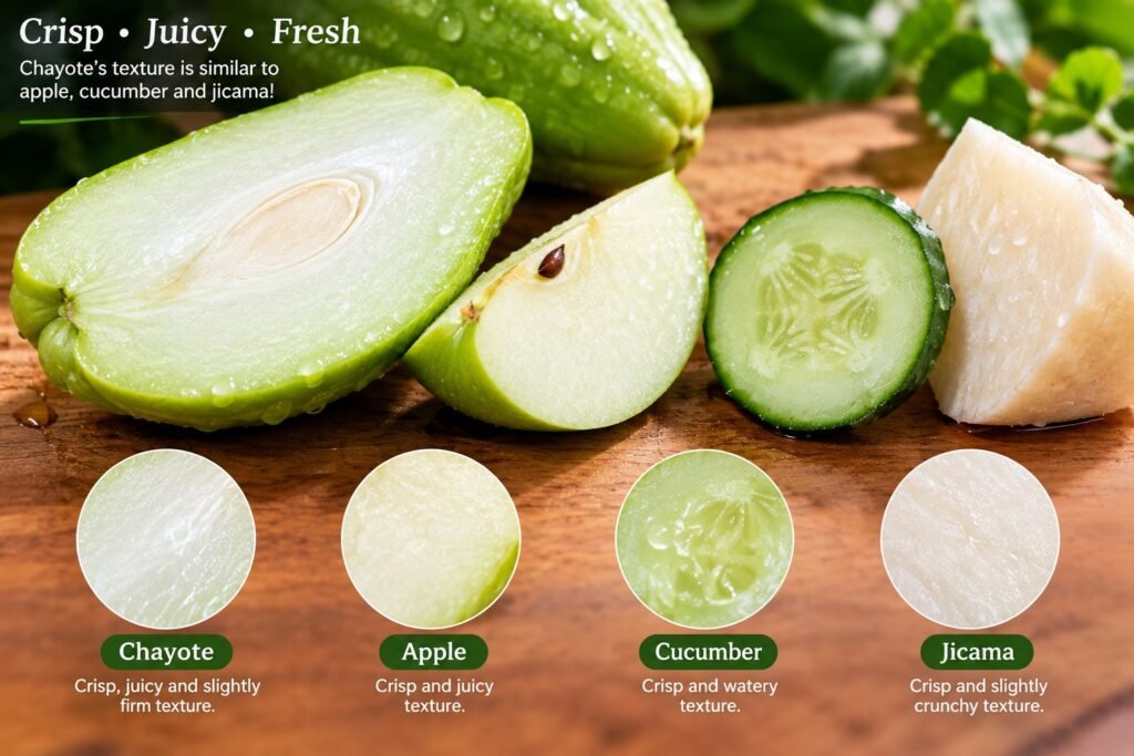 Raw chayote flesh texture compared with apple cucumber and jicama