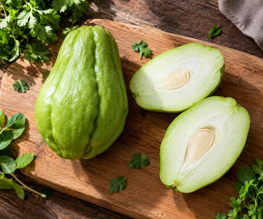 Fresh whole and sliced chayote squash showing white flesh and seed on a wooden cutting board