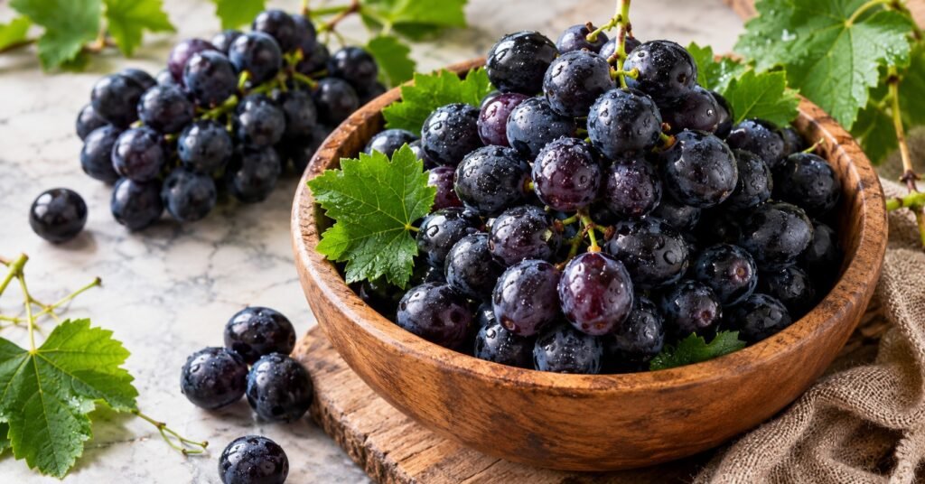 Fresh black grapes in a rustic wooden bowl with grape leaves and dew drops