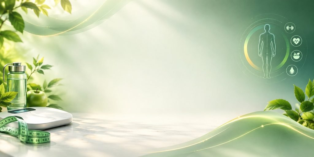 Soft green BMI calculator background with a digital weighing scale, measuring tape, green apple, water bottle, and health visualization.