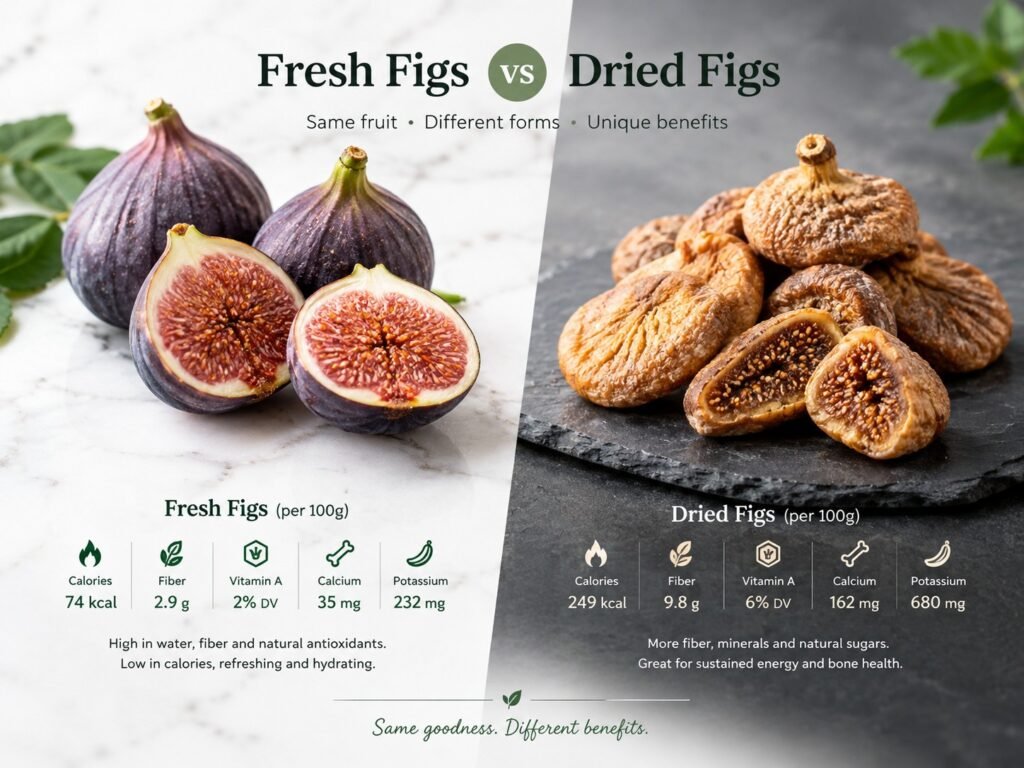 Fresh figs vs dried figs nutrition comparison showing calories, fiber, calcium, and potassium