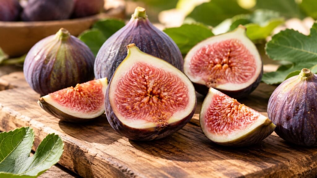 Fresh purple mission figs sliced open showing pink interior on a rustic wooden board