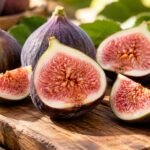 Fresh purple mission figs sliced open showing pink interior on a rustic wooden board