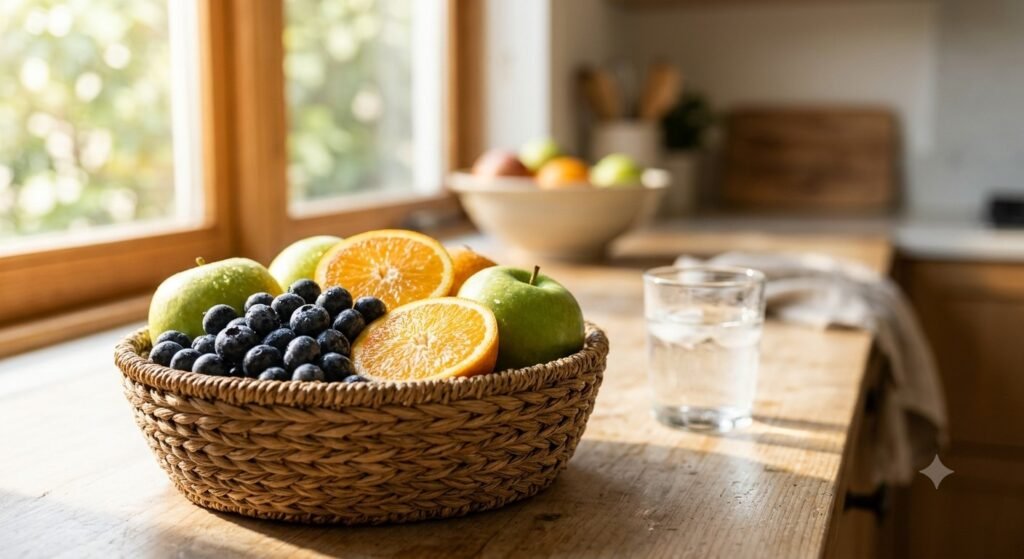A woven basket on a sunlit kitchen counter filled with fresh antioxidant-rich fruits including plump blueberries, juicy sliced oranges, and crisp green apples next to a clear glass of water.
